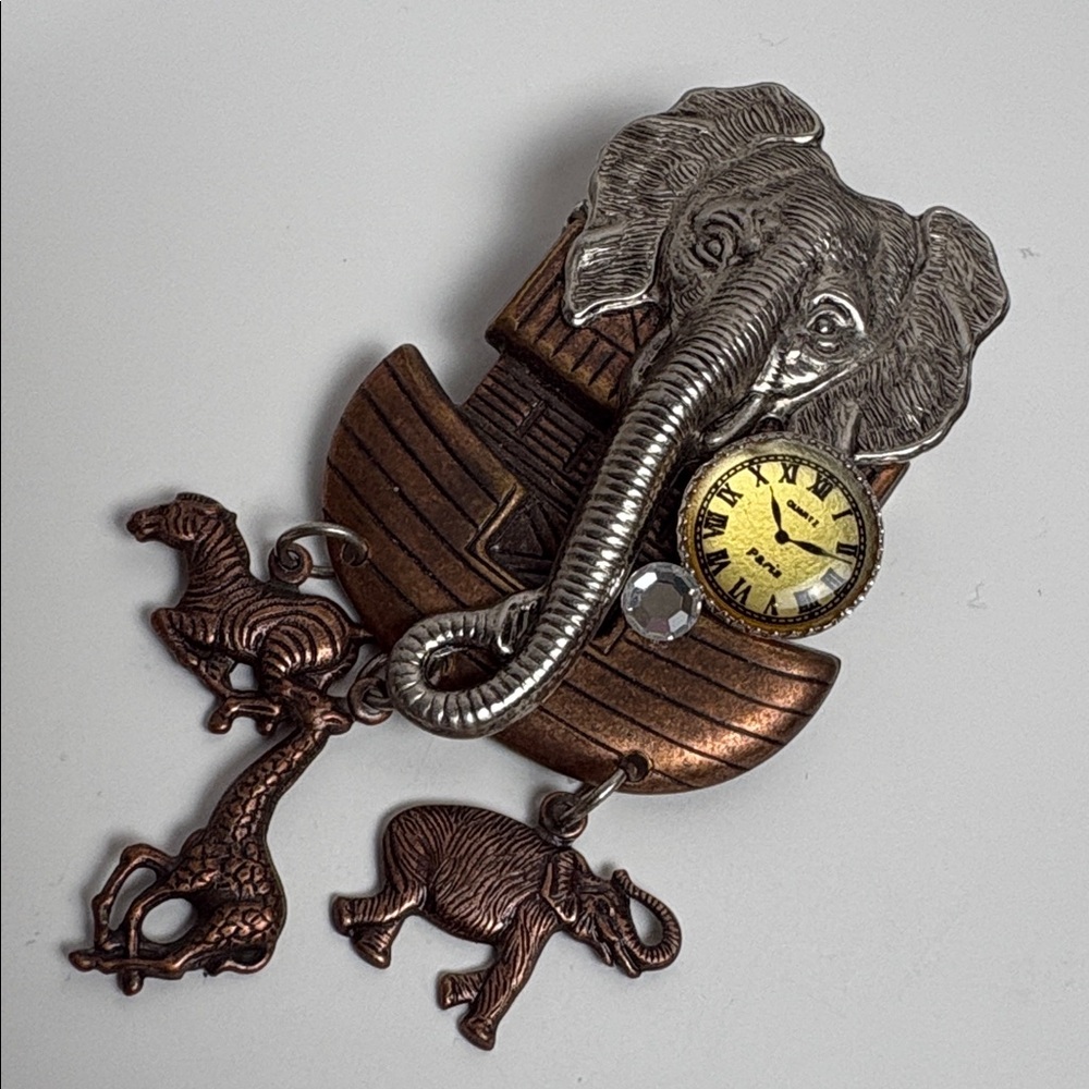 Elephant and Animal Brooch with Clock